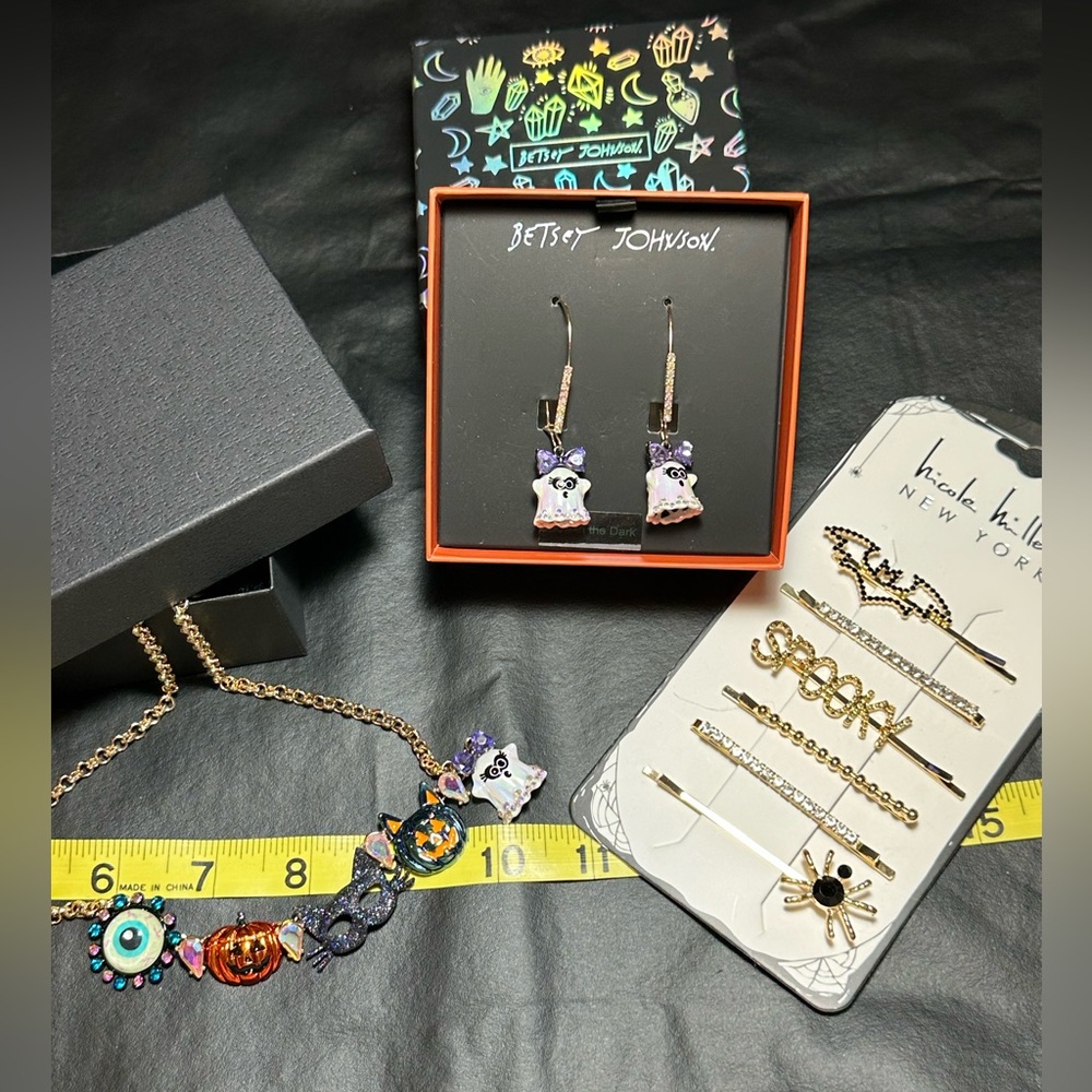 Betsey Johnson set of glow in the dark Halloween earrings,necklace, and hairpins